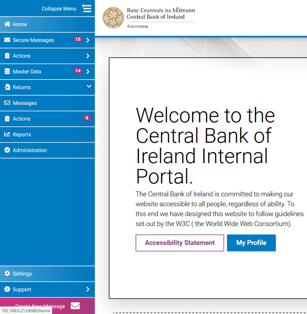 The Central Bank of Ireland Internal Portal to handle tax returns menu expanded
